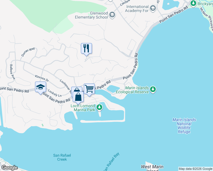 map of restaurants, bars, coffee shops, grocery stores, and more near 732 Point San Pedro Road in San Rafael
