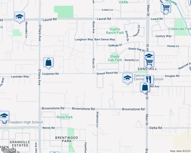 map of restaurants, bars, coffee shops, grocery stores, and more near 138 Little Ranch Circle in Oakley