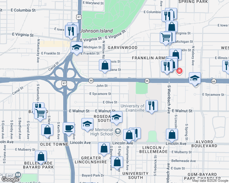 map of restaurants, bars, coffee shops, grocery stores, and more near 1506 East Sycamore Street in Evansville