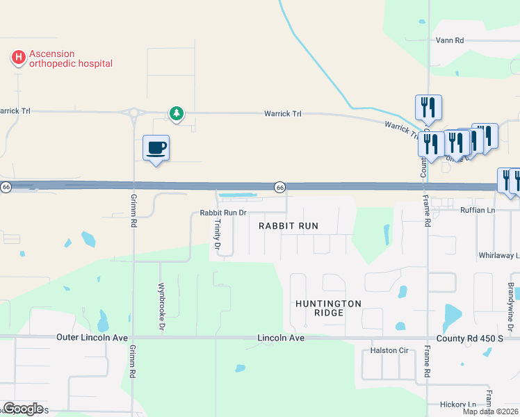 map of restaurants, bars, coffee shops, grocery stores, and more near 9588 Rabbit Run Drive in Newburgh
