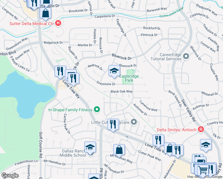 map of restaurants, bars, coffee shops, grocery stores, and more near 525 Black Oak Way in Antioch