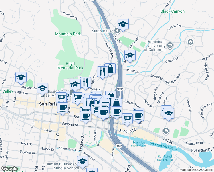 map of restaurants, bars, coffee shops, grocery stores, and more near 1310 Lincoln Avenue in San Rafael