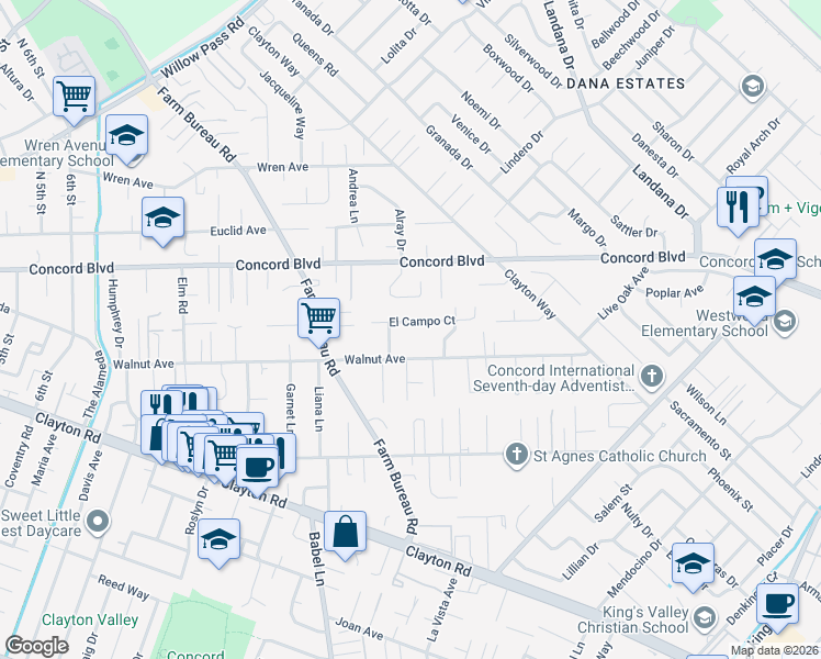 map of restaurants, bars, coffee shops, grocery stores, and more near 3712 El Campo Court in Concord