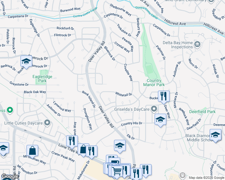 map of restaurants, bars, coffee shops, grocery stores, and more near 2387 Whitetail Drive in Antioch