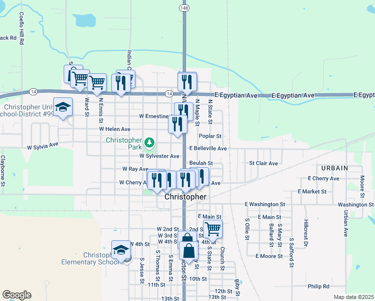 map of restaurants, bars, coffee shops, grocery stores, and more near 400 North Victor Street in Christopher