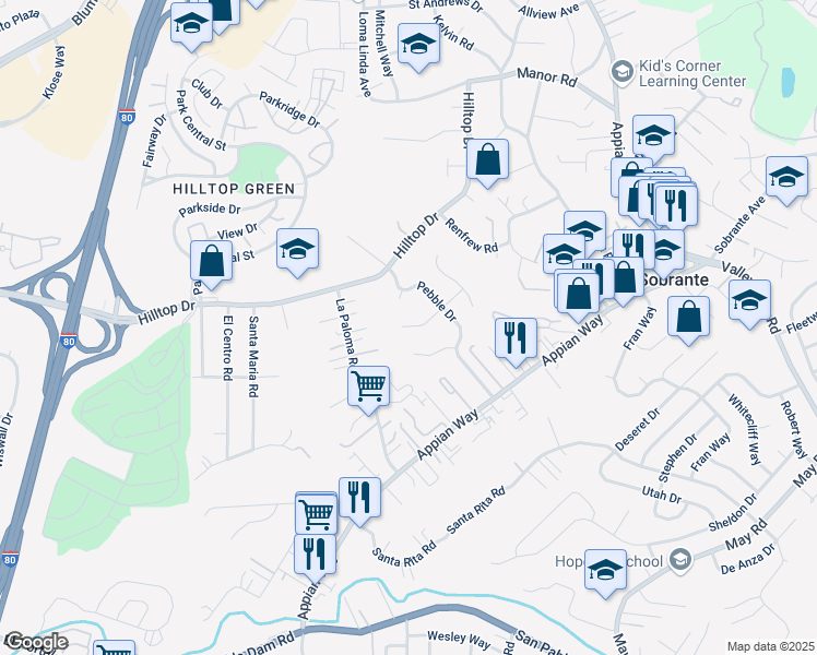 map of restaurants, bars, coffee shops, grocery stores, and more near 4610 White Sands Court in El Sobrante