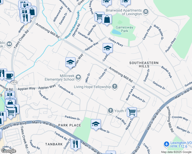 map of restaurants, bars, coffee shops, grocery stores, and more near 1205 Crosby Court in Lexington