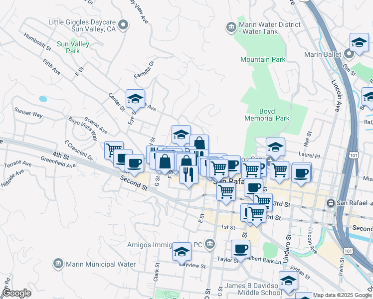 map of restaurants, bars, coffee shops, grocery stores, and more near 1580 Mission Avenue in San Rafael