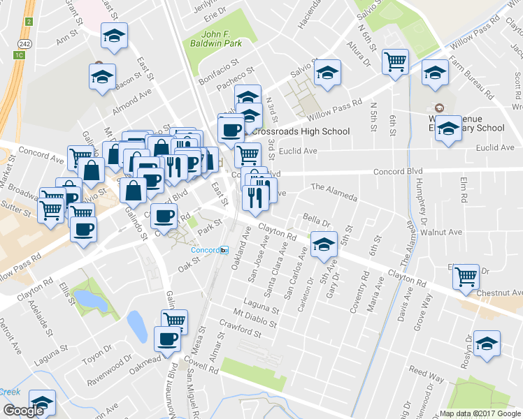 map of restaurants, bars, coffee shops, grocery stores, and more near 2705 Clayton Road in Concord