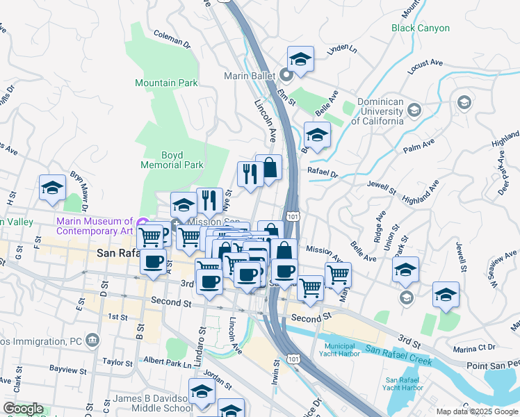 map of restaurants, bars, coffee shops, grocery stores, and more near 1310 Lincoln Avenue in San Rafael
