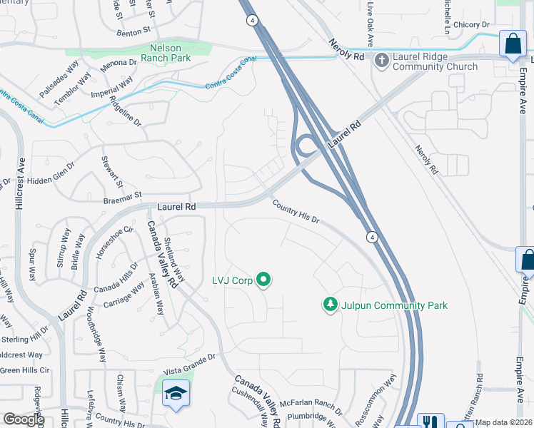 map of restaurants, bars, coffee shops, grocery stores, and more near Laurel Road in Antioch