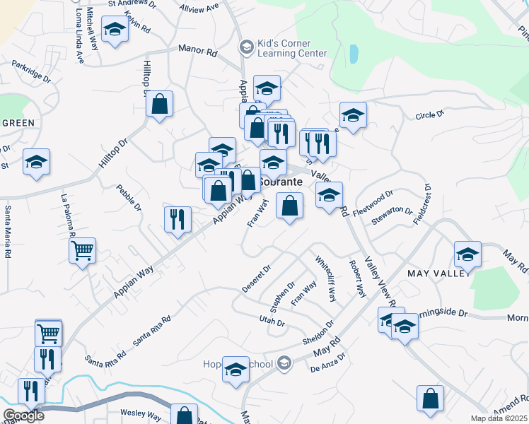 map of restaurants, bars, coffee shops, grocery stores, and more near 4162 Fran Way in Richmond