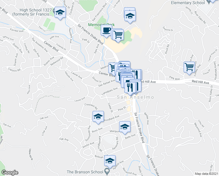 map of restaurants, bars, coffee shops, grocery stores, and more near 51 Tamalpais Avenue in San Anselmo