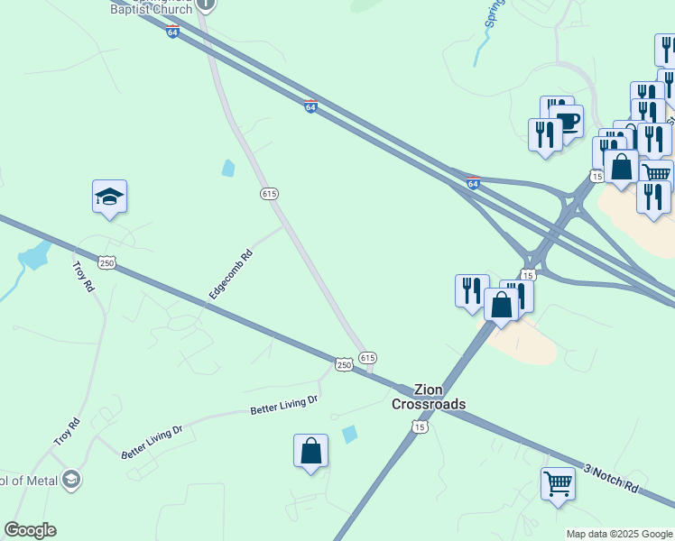 map of restaurants, bars, coffee shops, grocery stores, and more near 280 Zion Road in Zion Crossroads