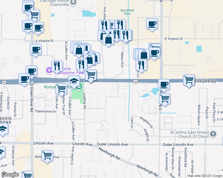 map of restaurants, bars, coffee shops, grocery stores, and more near 40 Royal Avenue in Evansville