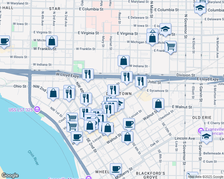 map of restaurants, bars, coffee shops, grocery stores, and more near 200 222 Northwest Martin Luther King Junior Boulevard in Evansville