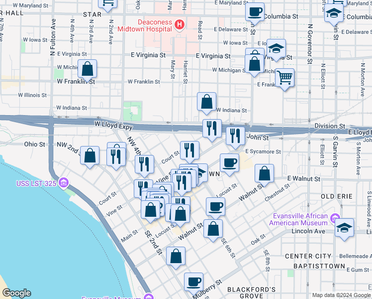 map of restaurants, bars, coffee shops, grocery stores, and more near 200 222 Northwest Martin Luther King Junior Boulevard in Evansville