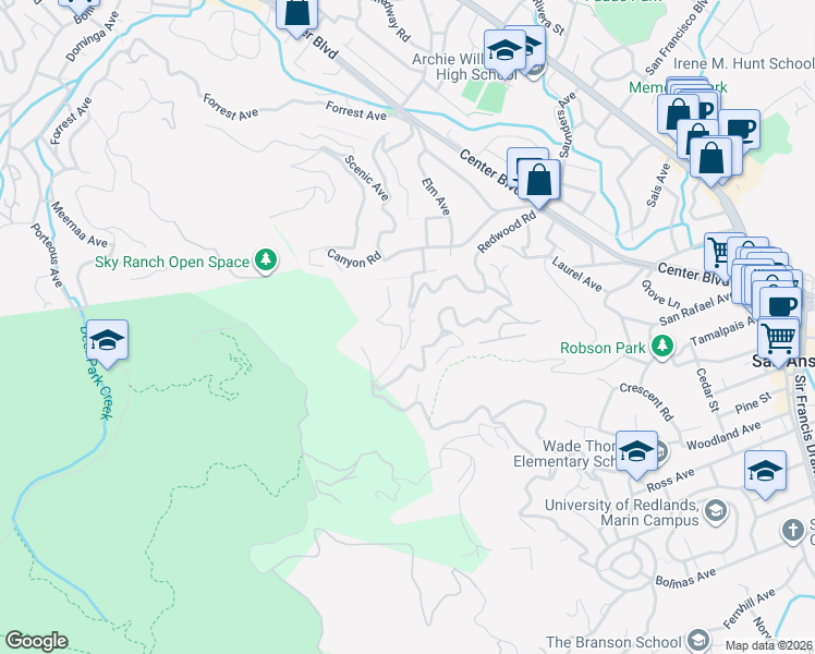 map of restaurants, bars, coffee shops, grocery stores, and more near 22 Allyn Avenue in San Anselmo