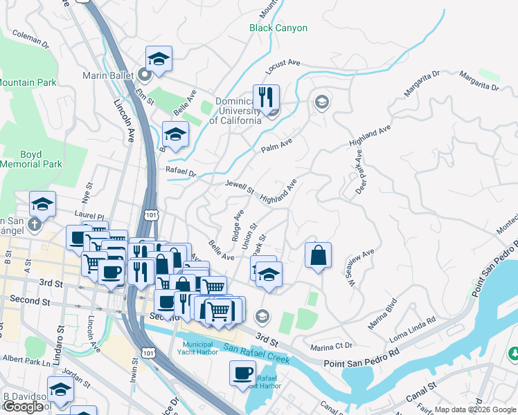 map of restaurants, bars, coffee shops, grocery stores, and more near 245 Jewell Street in San Rafael