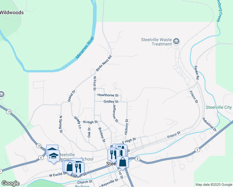 map of restaurants, bars, coffee shops, grocery stores, and more near 305 Hawthorne Street in Steelville