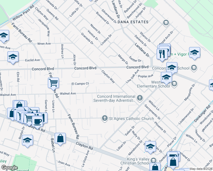 map of restaurants, bars, coffee shops, grocery stores, and more near 3900 East El Campo Court in Concord