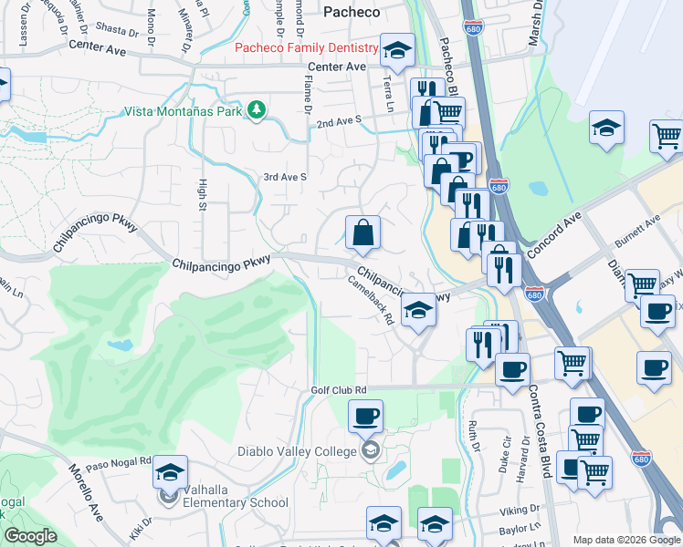 map of restaurants, bars, coffee shops, grocery stores, and more near 12 Camelback Court in Pleasant Hill