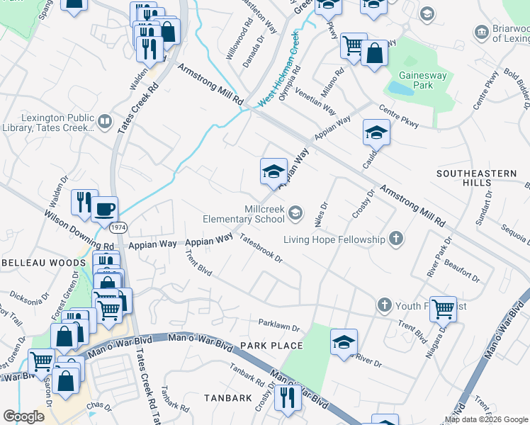 map of restaurants, bars, coffee shops, grocery stores, and more near 1232 Appian Circle in Lexington