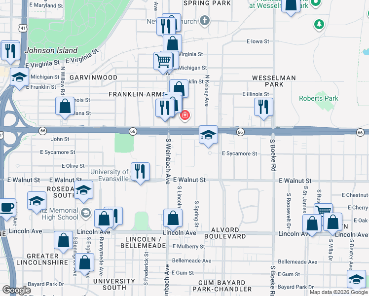map of restaurants, bars, coffee shops, grocery stores, and more near 118 South Lincoln Park Drive in Evansville