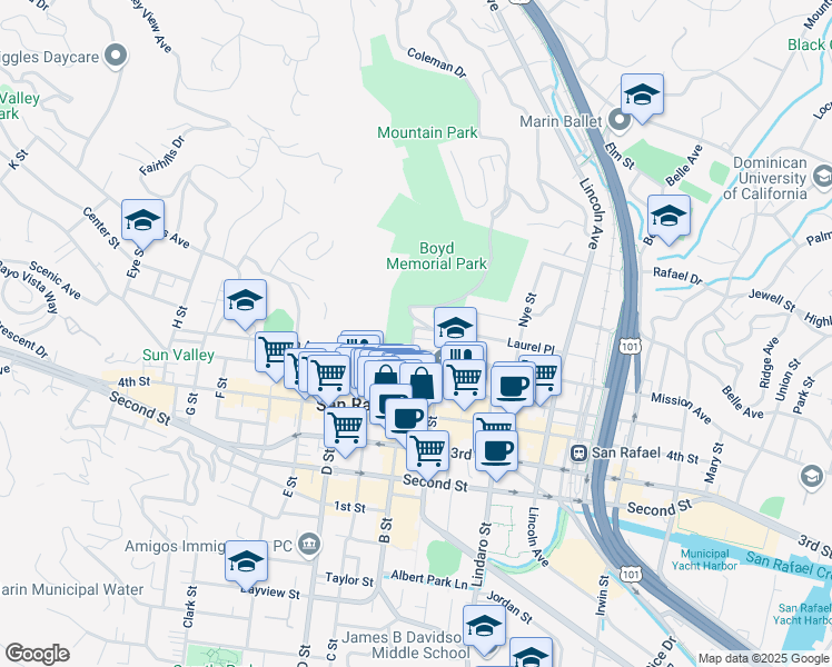 map of restaurants, bars, coffee shops, grocery stores, and more near 341 Laurel Place in San Rafael