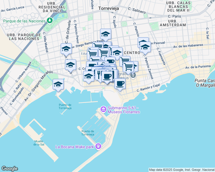 map of restaurants, bars, coffee shops, grocery stores, and more near Paseo de la Libertad in Torrevieja