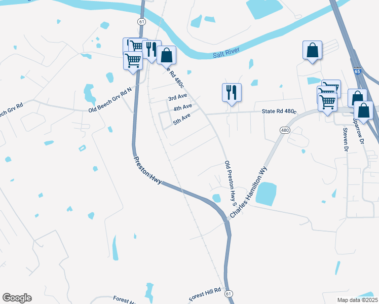 map of restaurants, bars, coffee shops, grocery stores, and more near 239 7th Avenue in Shepherdsville
