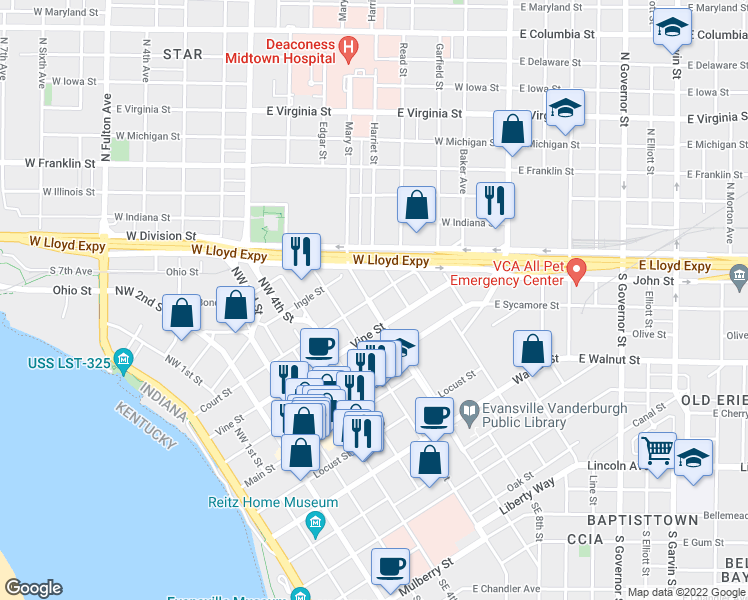 map of restaurants, bars, coffee shops, grocery stores, and more near 701 Court Street in Evansville