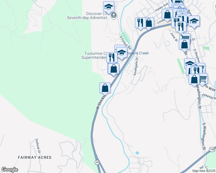 map of restaurants, bars, coffee shops, grocery stores, and more near 688 W Stockton St in Sonora