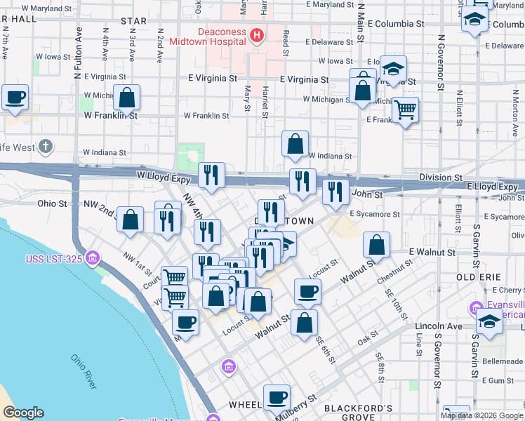 map of restaurants, bars, coffee shops, grocery stores, and more near 313 Northwest 7th Street in Evansville