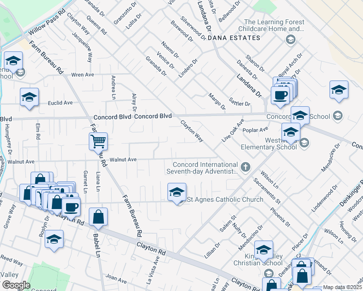 map of restaurants, bars, coffee shops, grocery stores, and more near 3876 East El Campo Court in Concord