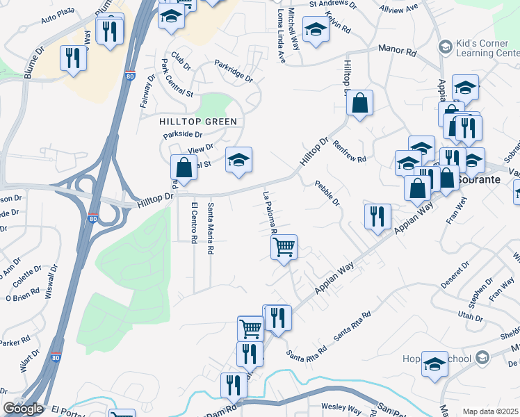 map of restaurants, bars, coffee shops, grocery stores, and more near 64 Homer Court in El Sobrante