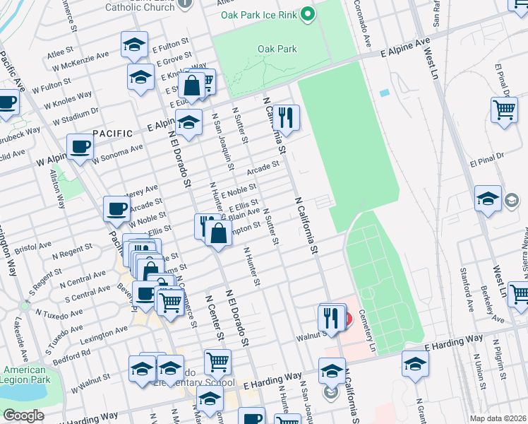 map of restaurants, bars, coffee shops, grocery stores, and more near 402 East Geary Street in Stockton