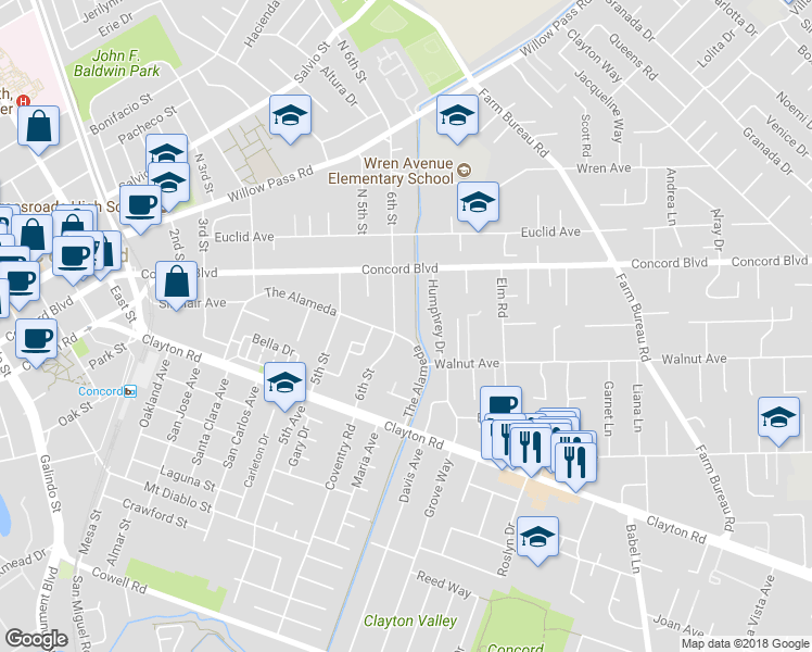 map of restaurants, bars, coffee shops, grocery stores, and more near 1714 6th Street in Concord