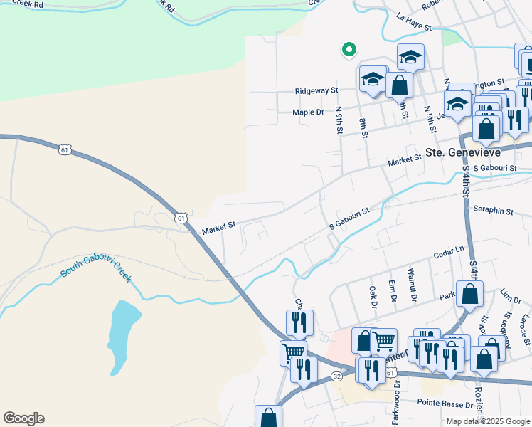 map of restaurants, bars, coffee shops, grocery stores, and more near 1105 Market Street in Ste. Genevieve