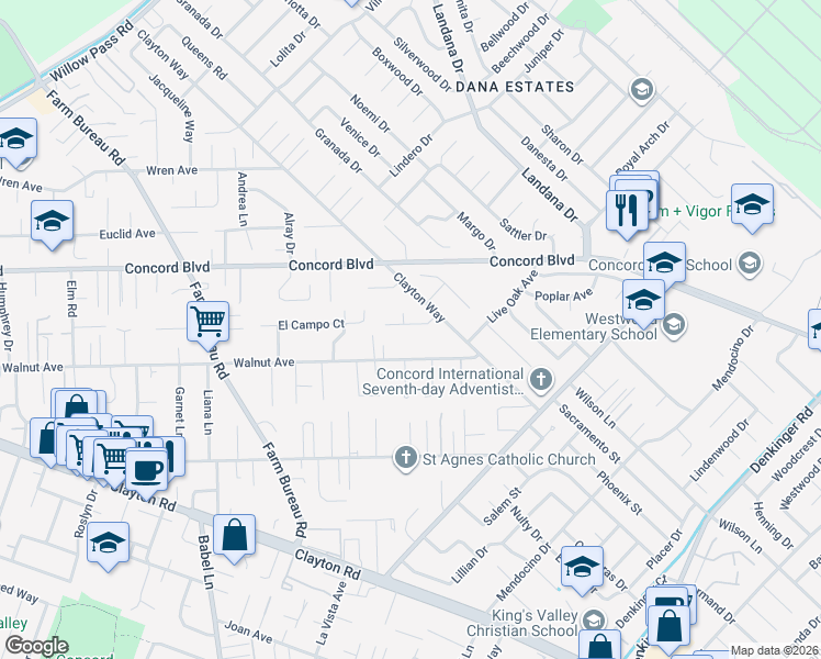 map of restaurants, bars, coffee shops, grocery stores, and more near 3900 East El Campo Court in Concord