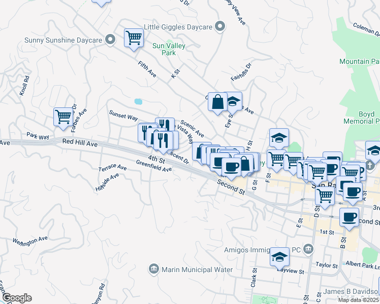 map of restaurants, bars, coffee shops, grocery stores, and more near 90 Bayo Vista Way in San Rafael