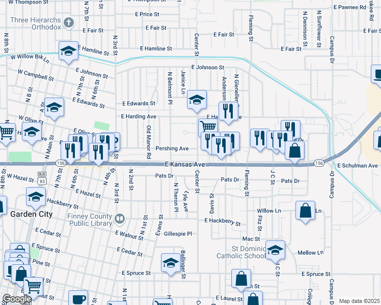 map of restaurants, bars, coffee shops, grocery stores, and more near 1110 Pershing Avenue in Garden City