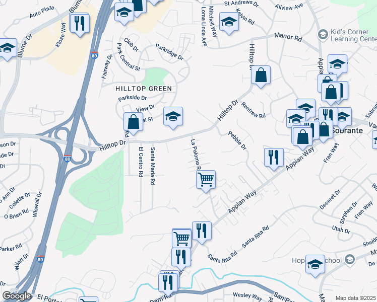 map of restaurants, bars, coffee shops, grocery stores, and more near 64 Homer Court in El Sobrante