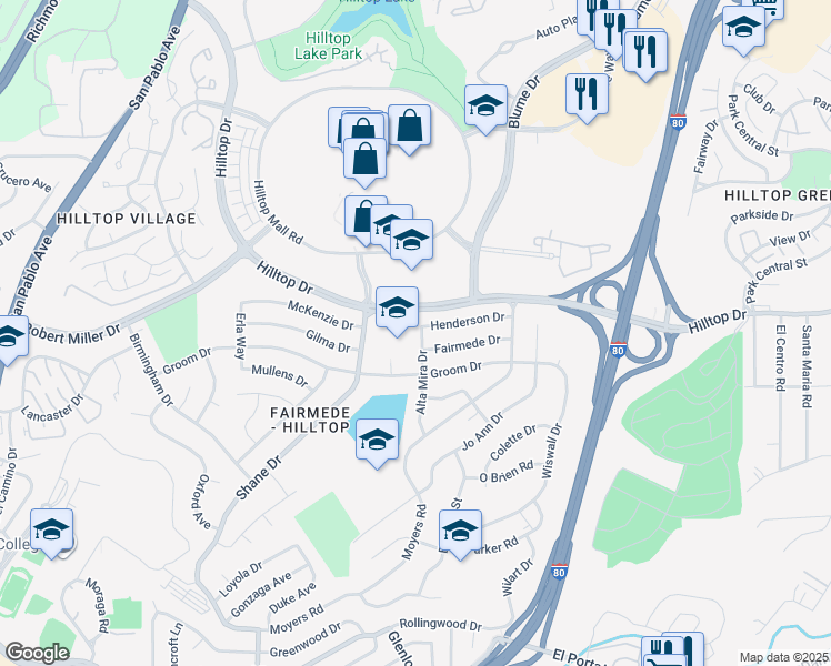 map of restaurants, bars, coffee shops, grocery stores, and more near 3135 Alta Mira Drive in Richmond