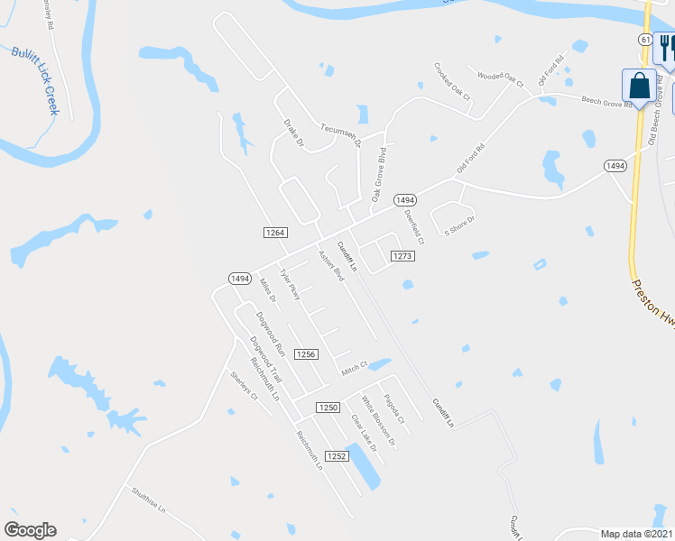 map of restaurants, bars, coffee shops, grocery stores, and more near 178 Ashley Boulevard in Shepherdsville