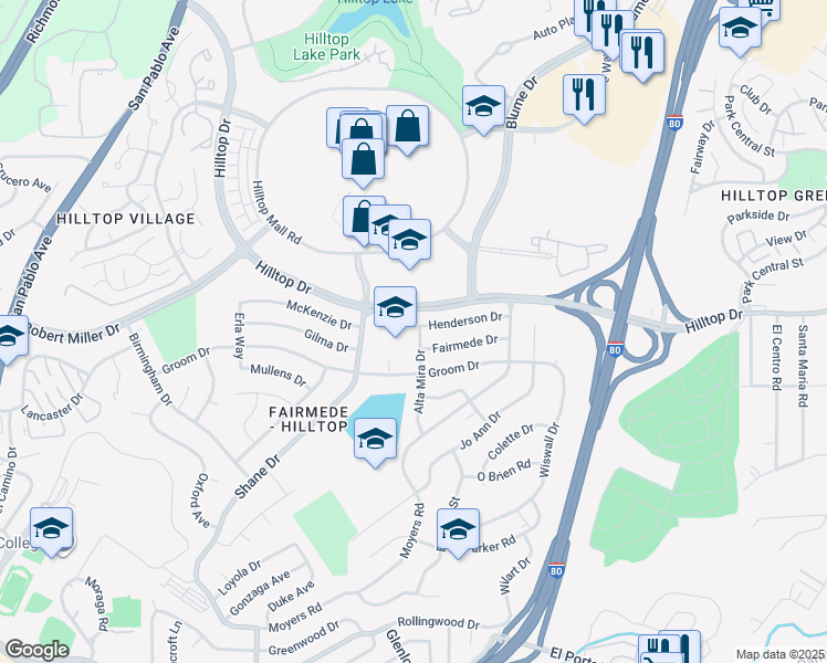 map of restaurants, bars, coffee shops, grocery stores, and more near 3135 Alta Mira Drive in Richmond