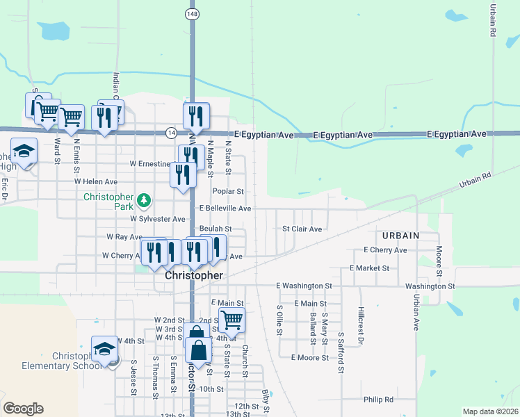 map of restaurants, bars, coffee shops, grocery stores, and more near 478 East Belleville Avenue in Christopher