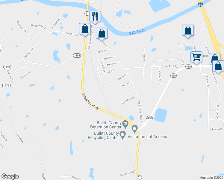 map of restaurants, bars, coffee shops, grocery stores, and more near 262 7th Avenue in Shepherdsville