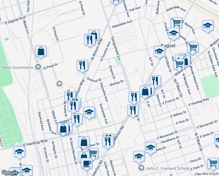 map of restaurants, bars, coffee shops, grocery stores, and more near 2061 Bradford Street in Stockton