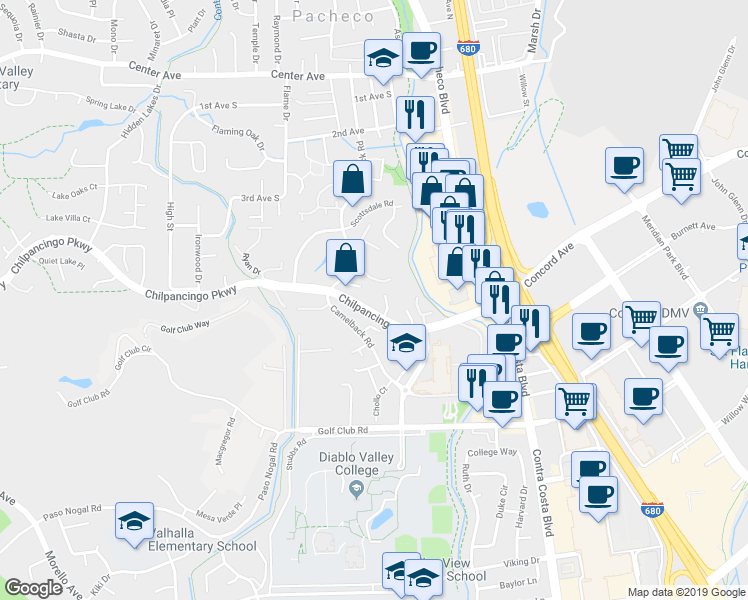 map of restaurants, bars, coffee shops, grocery stores, and more near 250 Chilpancingo Parkway in Pleasant Hill